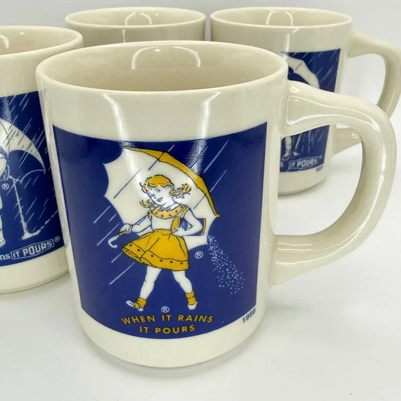 Vintage Morton Salt Girl Coffee Mug Set 4 Historical Logos 1914-1968 Cream Blue - Picture 3 of 8